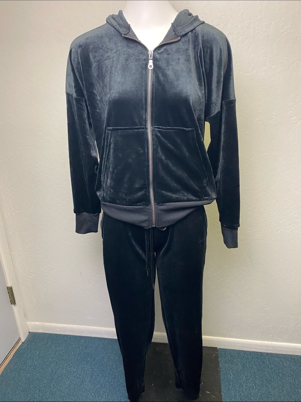 Felina Black Plush Zip Hoodie with Gold-Tone Zipper